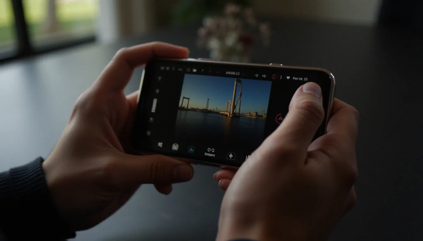 Mains tenant un smartphone ouvert en mode pro avec réglages manuels visibles à l'écran pour optimiser la photographie avec smartphone