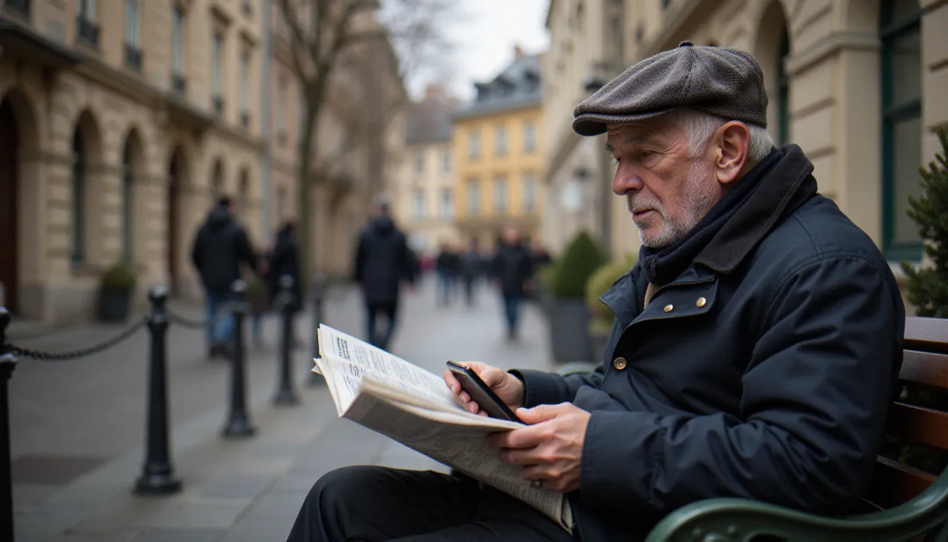 Portrait documentaire authentique d'un homme âgé capturé discrètement dans la rue grâce à la photographie avec smartphone en lumière naturelle diffuse