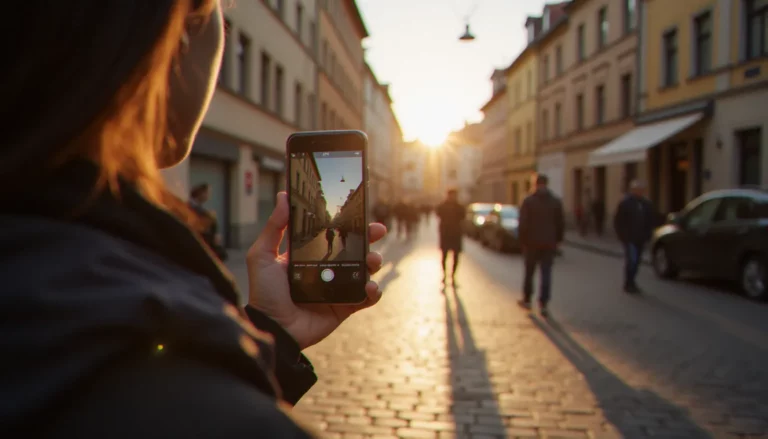 Photographe tenant un smartphone dans une rue pavée ensoleillée pour pratiquer la photographie avec smartphone en mode documentaire
