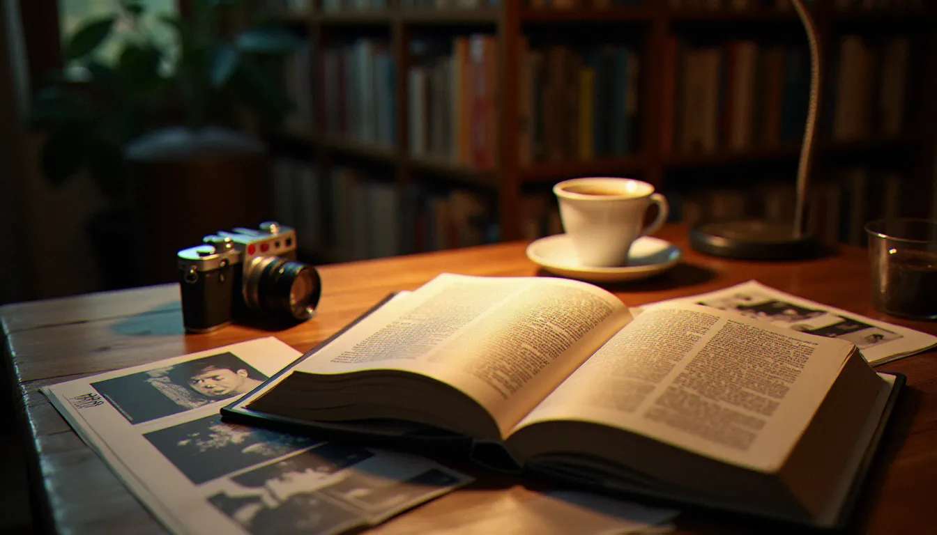 Livre de photographie en anglais ouvert sur un bureau encombré de planches contact et d'un appareil argentique, symbolisant l'apprentissage du vocabulaire de la photographie en anglais