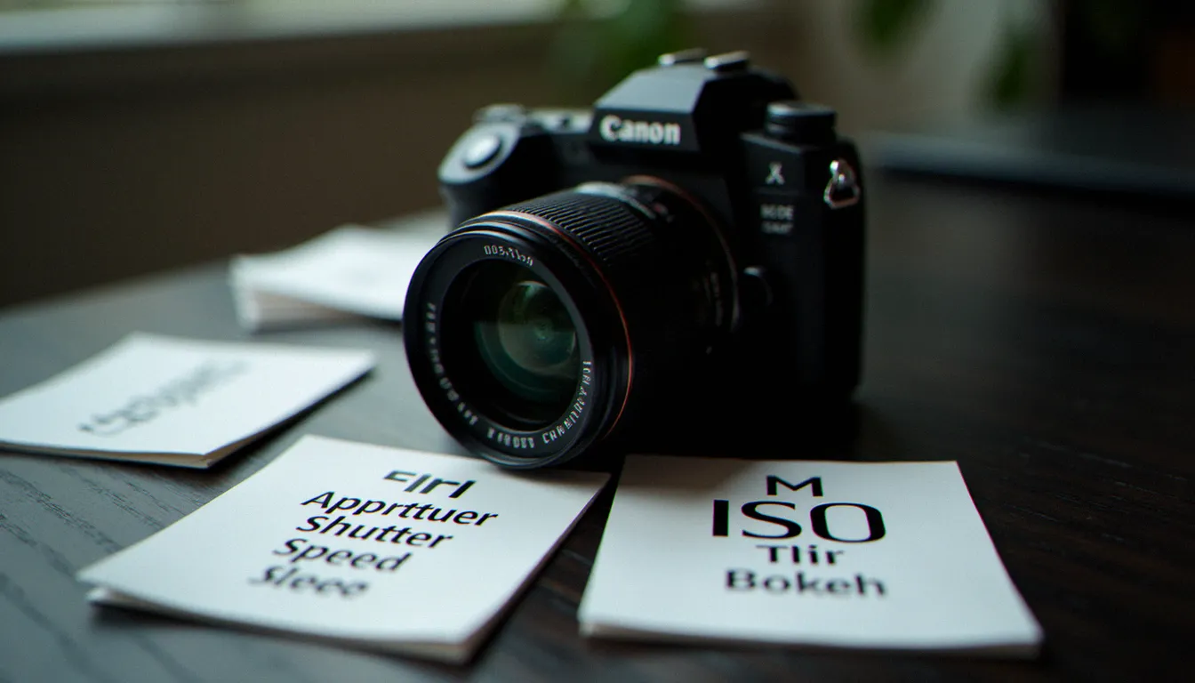 Appareil photo professionnel entouré de fiches de vocabulaire technique de la photographie en anglais, posés sur une table en bois sombre