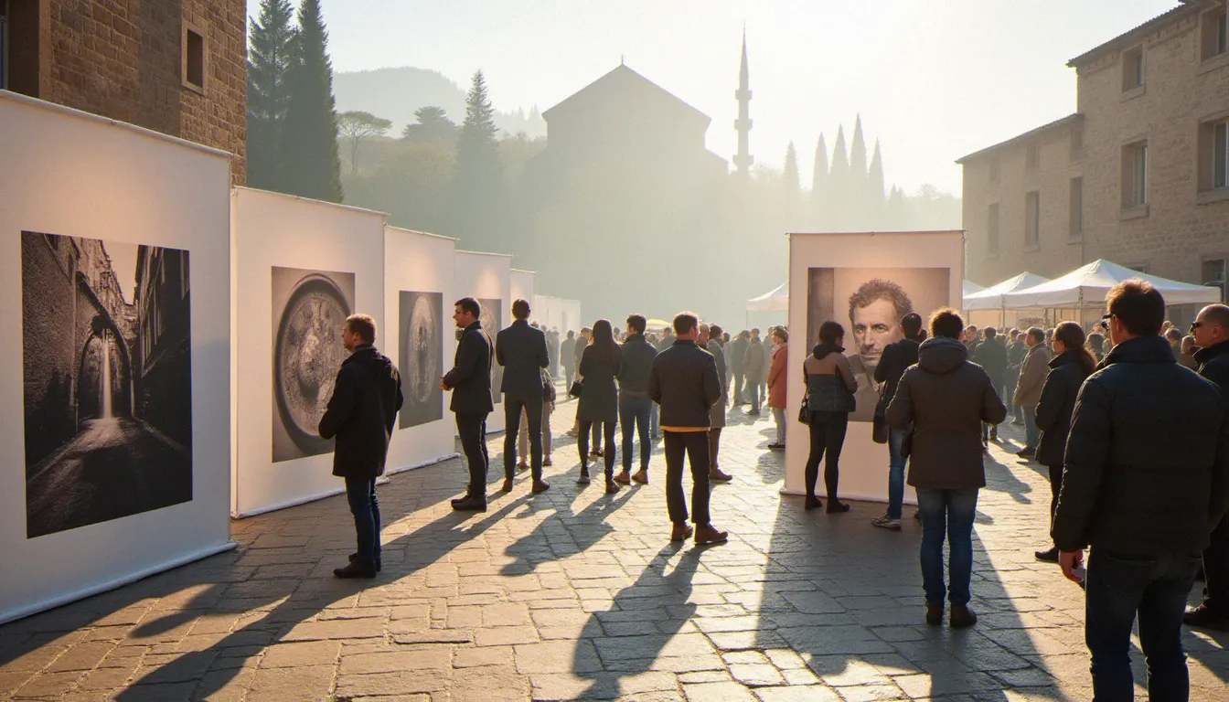 Festival de photographie internationale en plein air avec grands tirages documentaires, illustrant la place centrale de la culture de la photographie en anglais dans les événements mondiaux