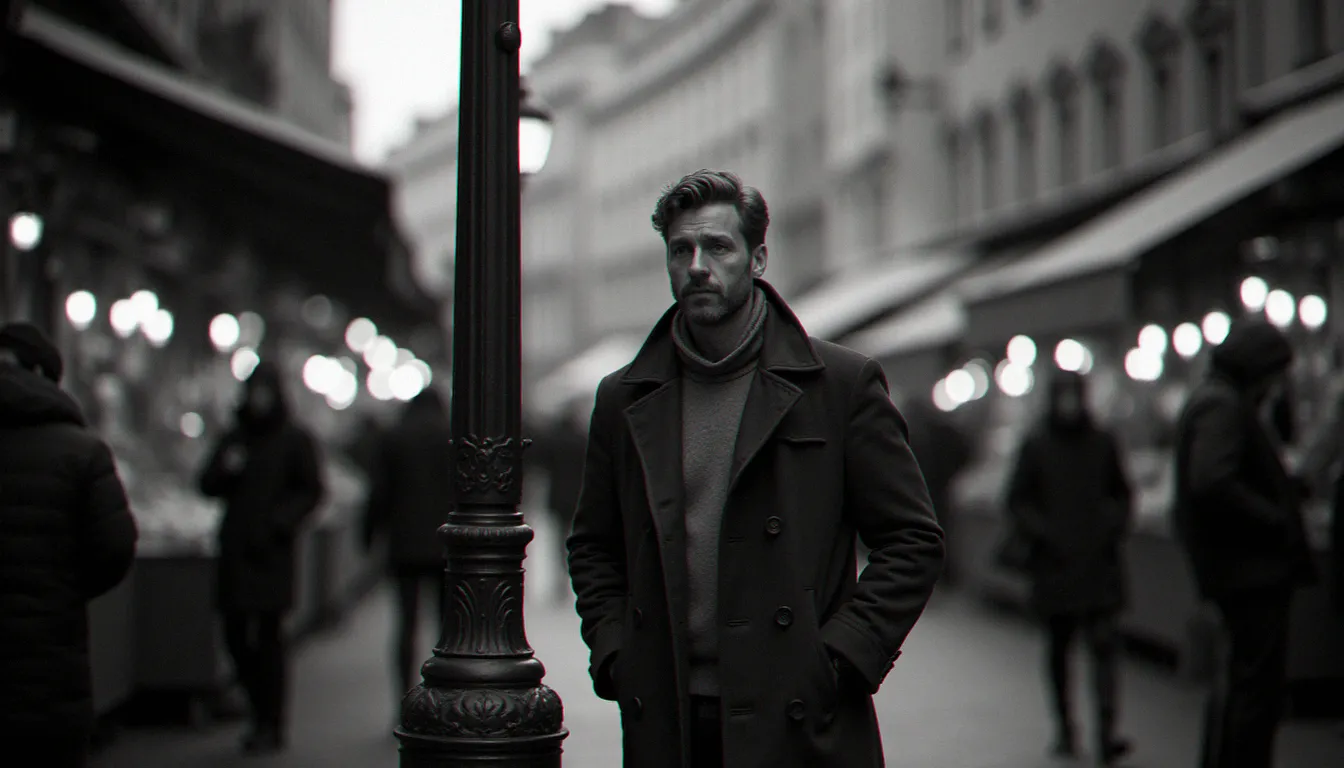Scène de rue documentaire en noir et blanc dans une ville européenne, évoquant l'esthétique de la street photography anglophone et ses codes visuels