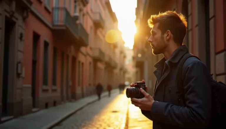 Photographe de rue tenant un appareil photo argentique dans une ruelle de Toulouse en lumière dorée, illustrant la pratique de la photographie en anglais et la culture documentaire internationale