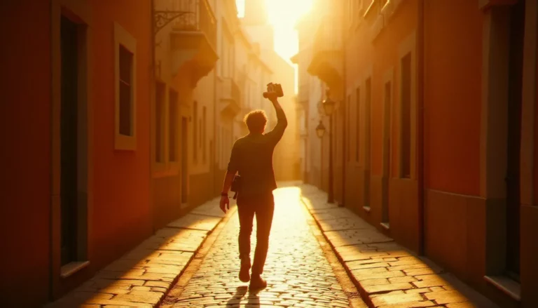 Photographe en train de shooter dans une rue ensoleillée du sud de la France, illustrant la pratique de la photographie en anglais dite street photography