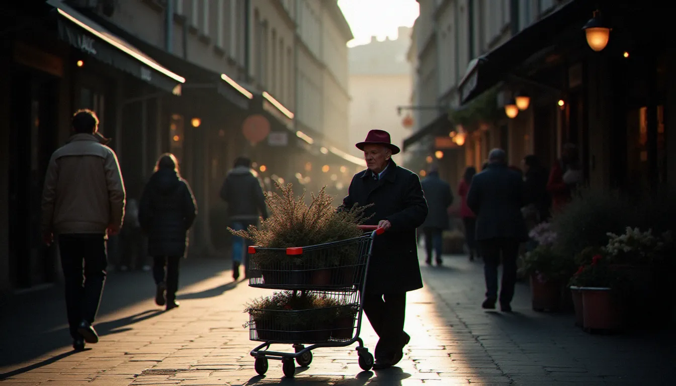 Un homme âgé au chapeau bordeaux traversant un rayon de lumière rasante dans une ruelle toulousaine, image de rue capturée à l'instant décisif