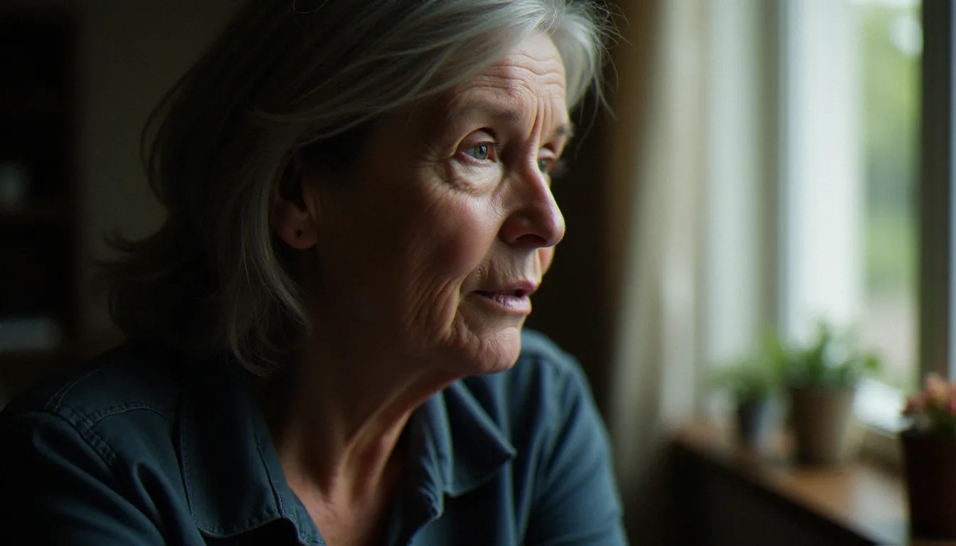 Portrait documentaire d'une femme d'âge mûr en lumière naturelle, saisie dans un moment de relâchement qui révèle sa personnalité au-delà de la pose