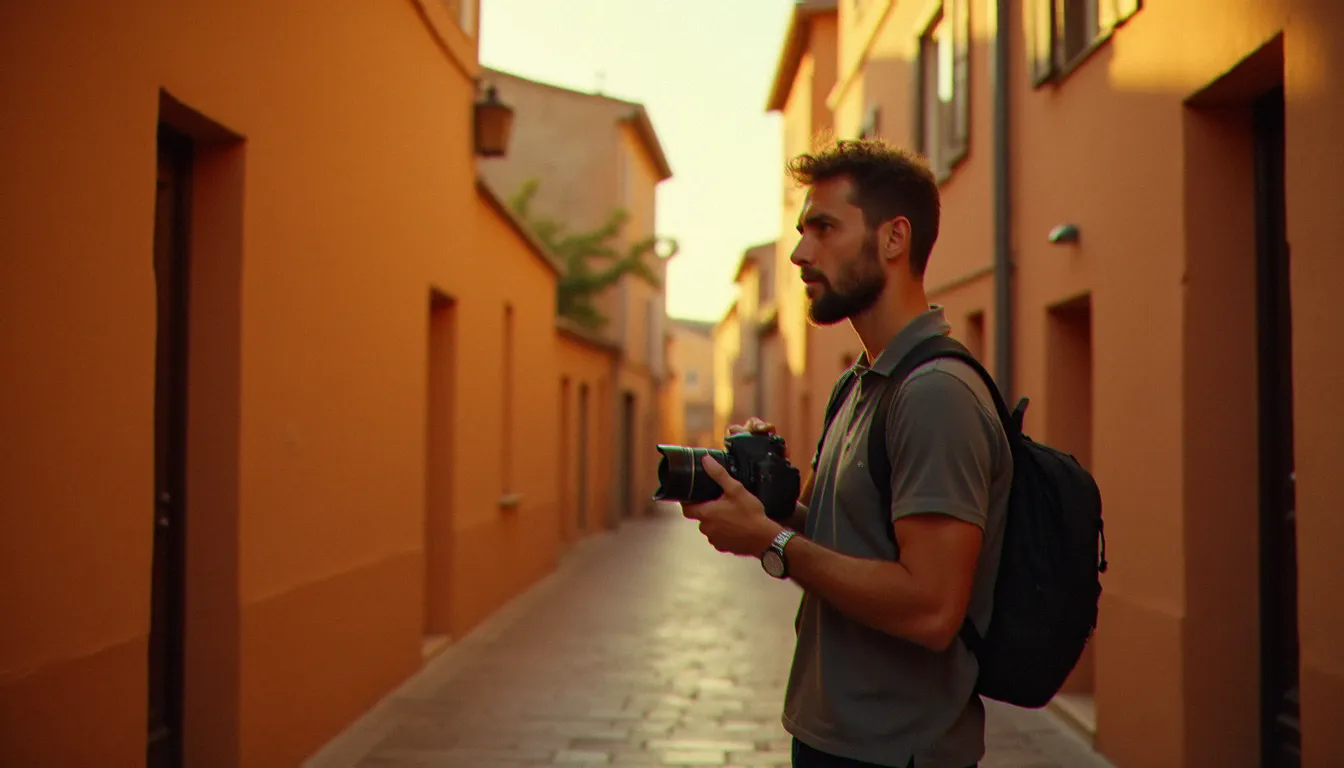 Photographe observant la rue de Toulouse à la lumière dorée du soir, illustrant l'idée que la photographie est art par la qualité du regard porté sur le quotidien