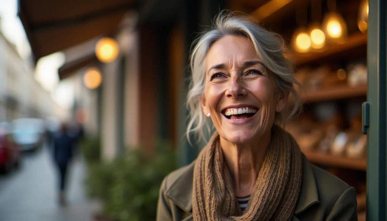 Portrait documentaire d'une femme souriante devant une boulangerie, capturant ce que la photographie est capable de révéler d'authentique dans une expression spontanée
