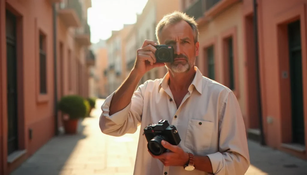 photographie est featured Photographe Jonathan Arnaud tenant un appareil photo dans les rues de Toulouse, illustrant que la photographie est avant tout une posture et un regard sur le monde