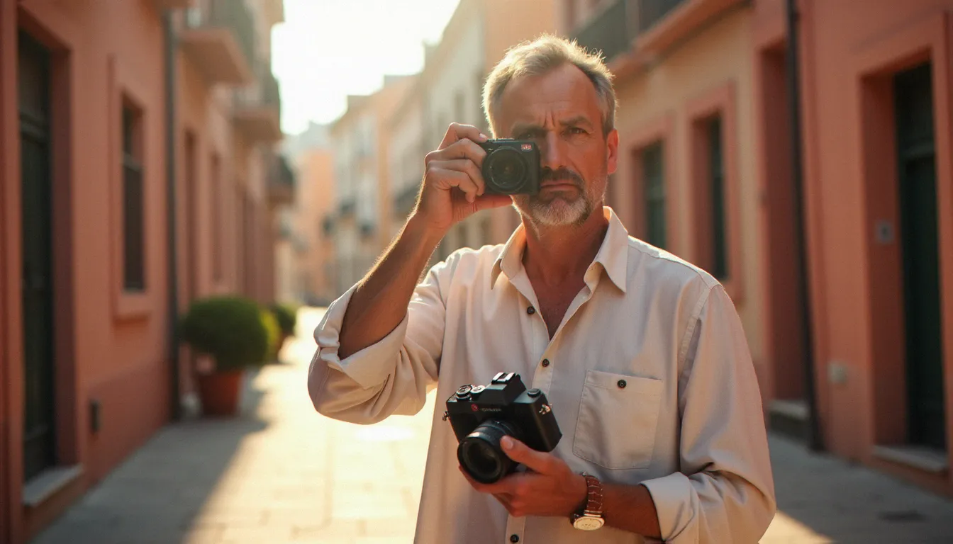 Photographe Jonathan Arnaud tenant un appareil photo dans les rues de Toulouse, illustrant que la photographie est avant tout une posture et un regard sur le monde
