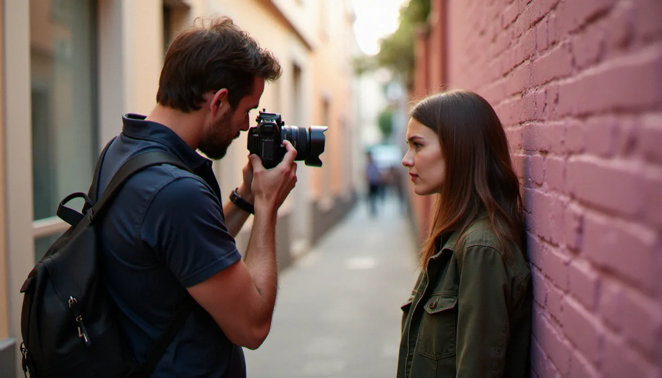 Photographe utilisant un boîtier FH6 moyen format en viseur à dépoli lors d'une séance portrait en extérieur à Toulouse, lumière naturelle diffuse