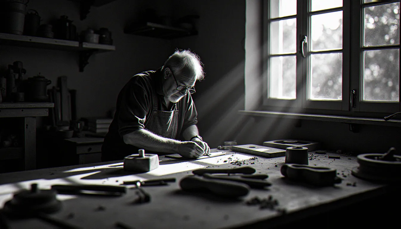 Photographie documentaire en format FH6 d'un artisan au travail dans son atelier toulousain, lumière naturelle contrastée, rendu tonal riche caractéristique du format moyen