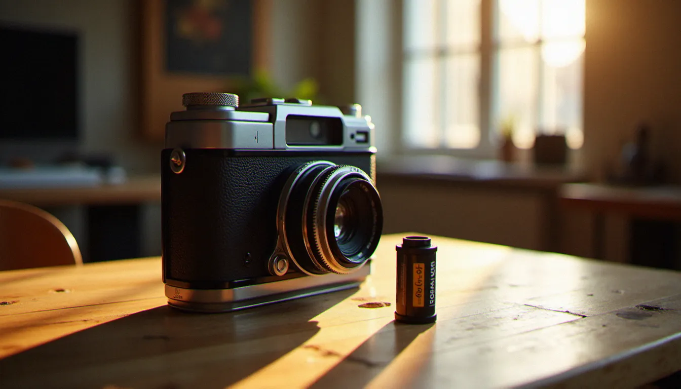 Boîtier de photographie FH6 format 6×6 posé sur une table en bois dans un studio toulousain, éclairage naturel latéral