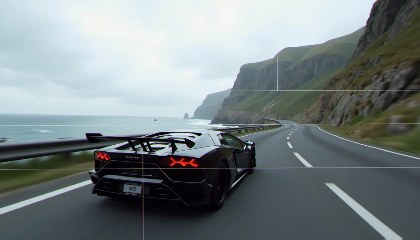 Interface de composition du mode photo de Forza Horizon 6 avec grille des tiers visible, voiture positionnée sur une route côtière sous lumière nuageuse diffuse