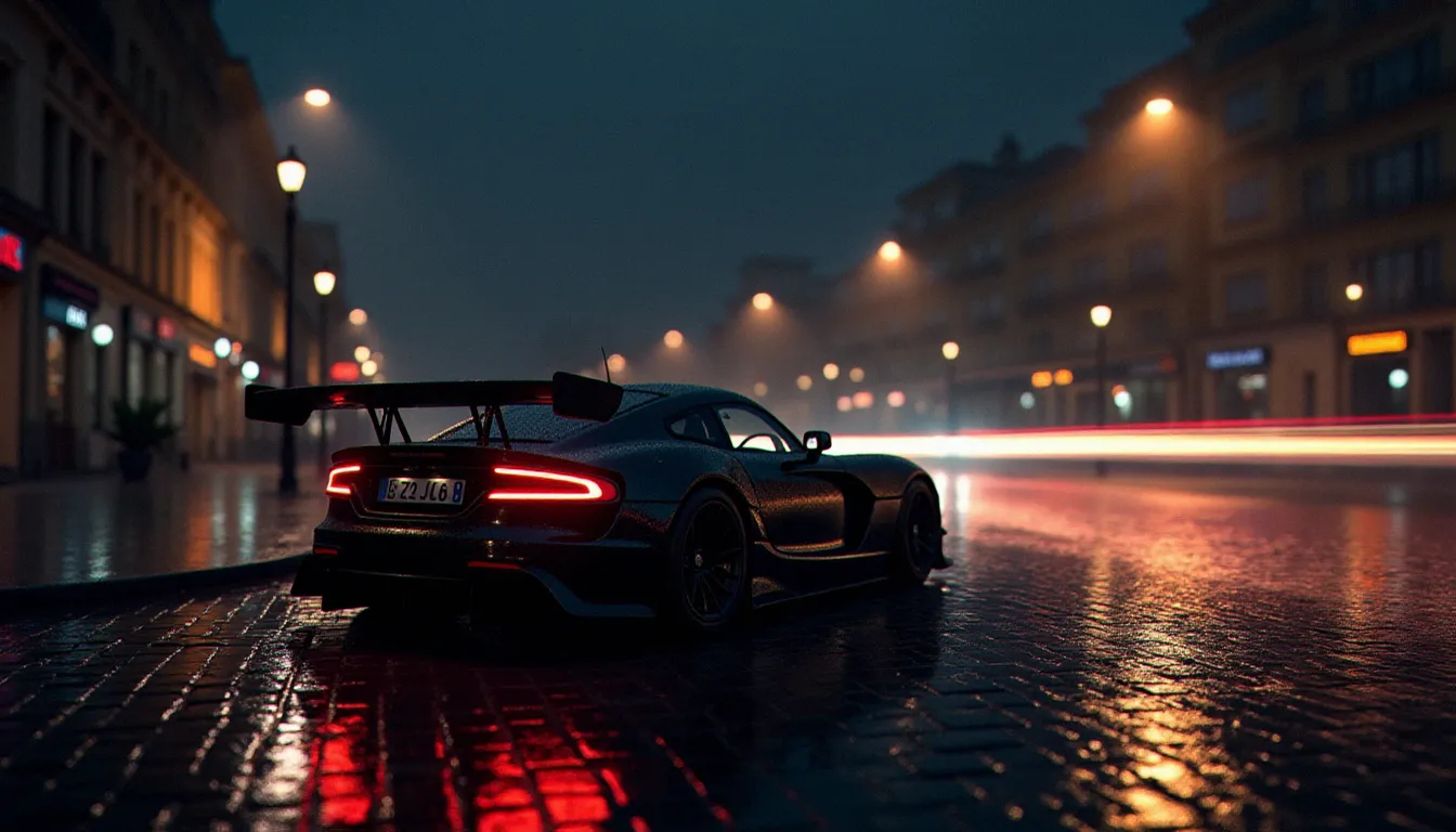 Photographie virtuelle Forza Horizon 6 d'une voiture sur pavés mouillés de nuit, reflets de lumières urbaines et ambiance photographique documentaire