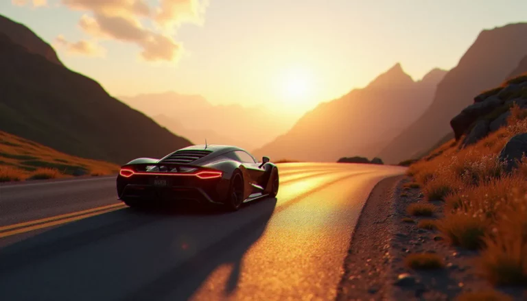 Photographie Forza Horizon 6 d'une voiture de sport dans un virage alpin au coucher du soleil, capturée en mode photo avec une profondeur de champ prononcée