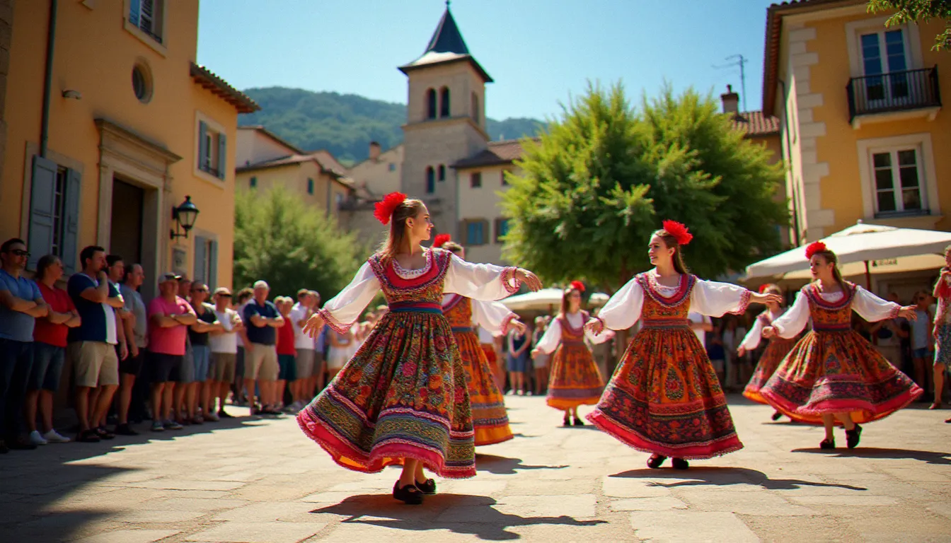 Fête traditionnelle occitane dans un village du Sud-Ouest de la France, danseurs en costume régional sur une place de village, scène de culture populaire française