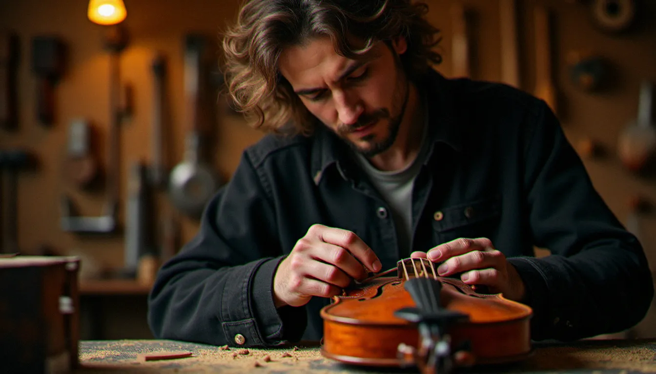 Luthier artisan dans son atelier de Toulouse vernissant un violon, portrait documentaire illustrant le patrimoine culturel immatériel français et la photographie de savoir-faire