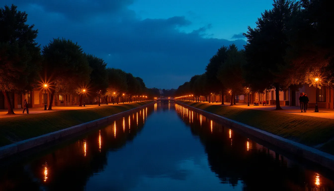 Canal du Midi à Toulouse à l'heure bleue, reflets dorés des lampadaires sur l'eau calme et lumière naturelle résiduelle dans le ciel crépusculaire indigo