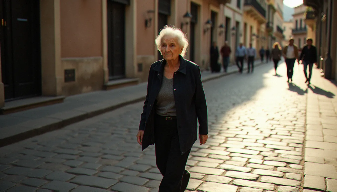 Femme âgée traversant une place ensoleillée du sud de la France à midi, ombres dures verticales révélant les traits sculptés du visage en photographie lumière naturelle de rue