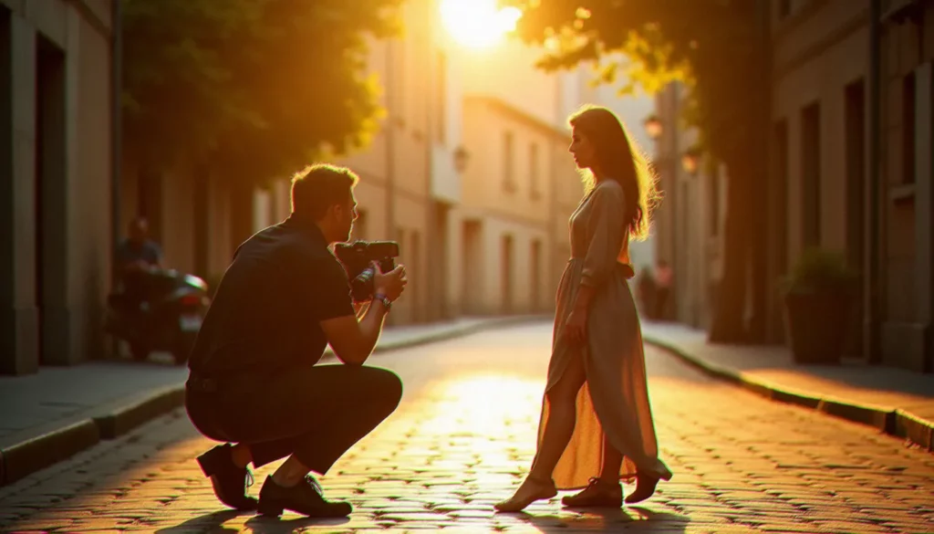 Photographe capturant un portrait de femme en lumière naturelle dorée dans une rue pavée toulousaine, ombres de platanes sur les façades roses