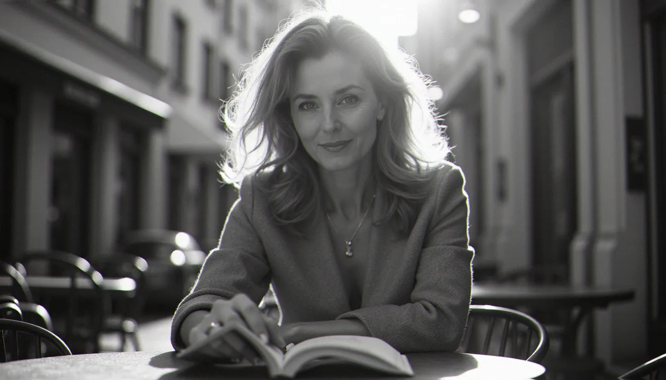 Portrait noir et blanc en extérieur d'une femme lisant à une terrasse de café, lumière naturelle en contre-jour révélant les textures du tissu et les traits du visage