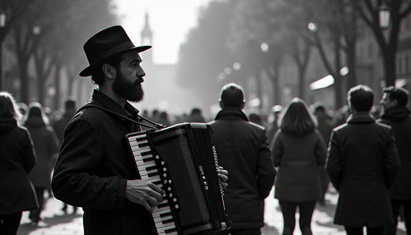 Photographie noir et blanc documentaire d'un musicien de rue jouant de l'accordéon sur une place animée, contraste fort entre le sujet net et la foule en mouvement flou