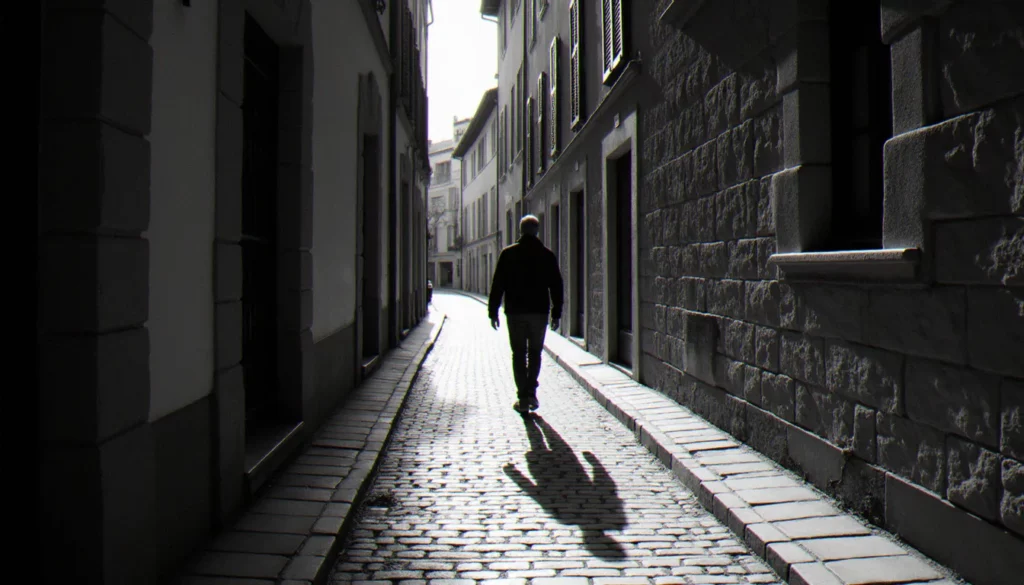 photographie noir featured Photographie noir et blanc d'une ruelle pavée avec une silhouette en contre-jour, ombres profondes et lumière rasante sur les murs en pierre