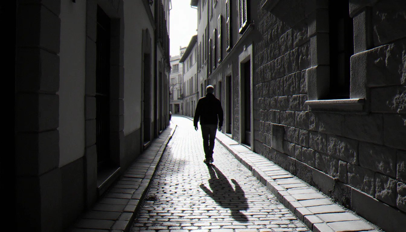 Photographie noir et blanc d'une ruelle pavée avec une silhouette en contre-jour, ombres profondes et lumière rasante sur les murs en pierre