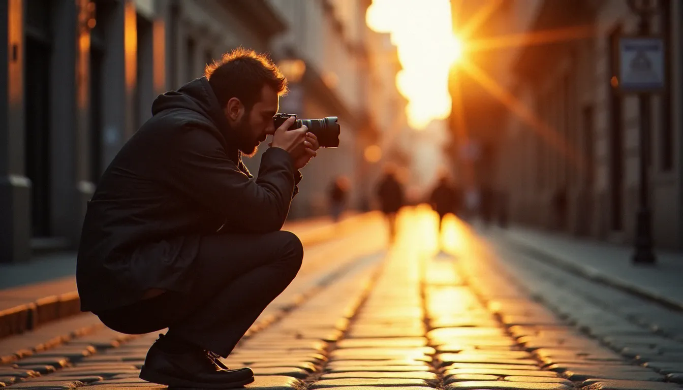 Photographe en train de composer une image en rue à la lumière dorée, développant son regard artistique en photographie numérique