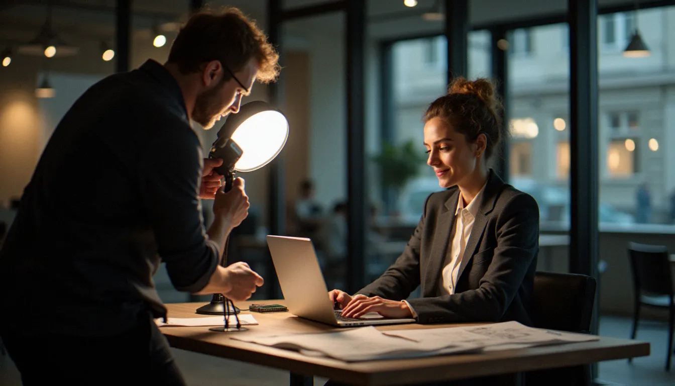 Séance de photographie corporate en intérieur avec éclairage professionnel, illustrant les prestations reportage entreprise et la justification des photographie prix dans ce segment
