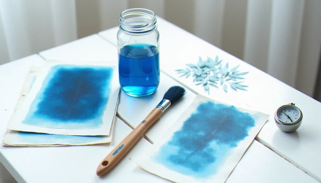 Matériel de cyanotype disposé sur une table blanche — pinceaux, papier aquarelle, spécimens botaniques et solution sensibilisante bleue pour pratiquer la photographie sans appareil