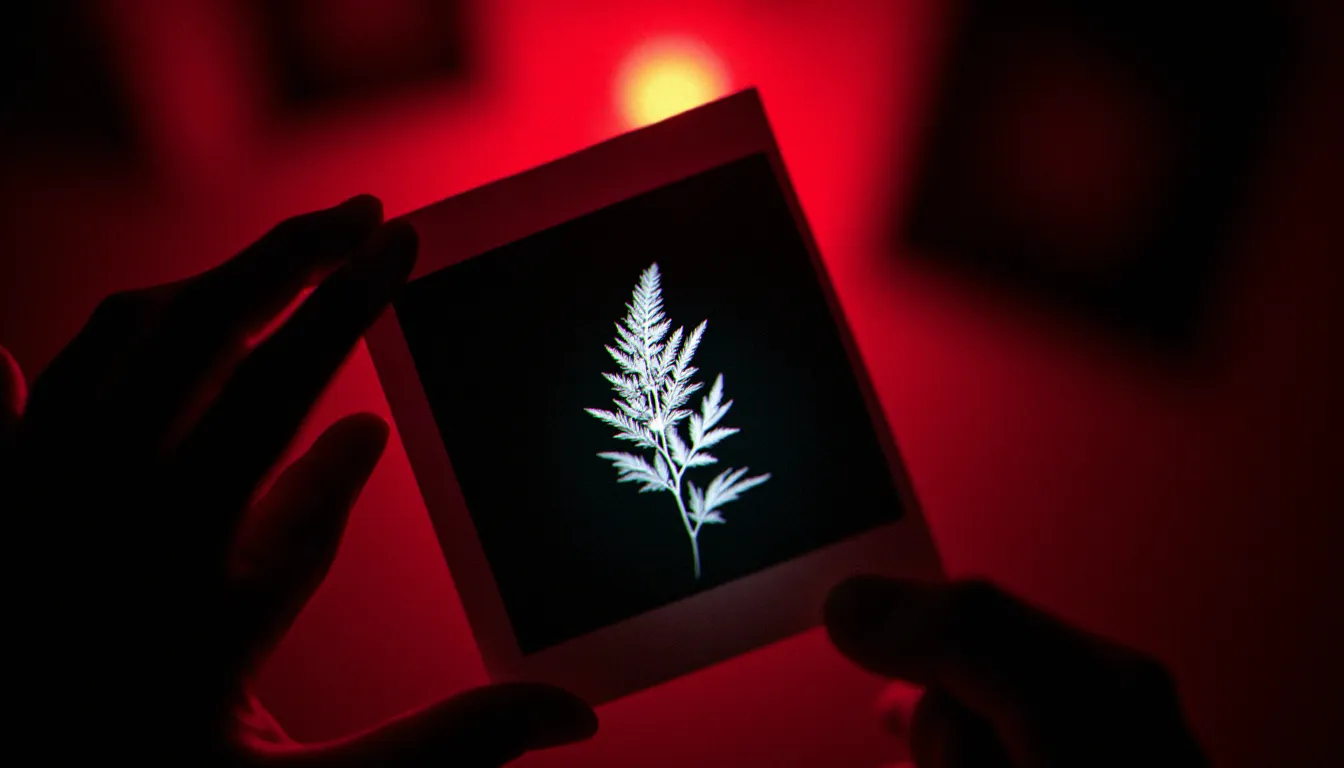 Photographe examinant un photogramme argentique terminé représentant une silhouette végétale blanche sur fond noir, résultat d'une séance de photographie sans appareil en technique de contact direct