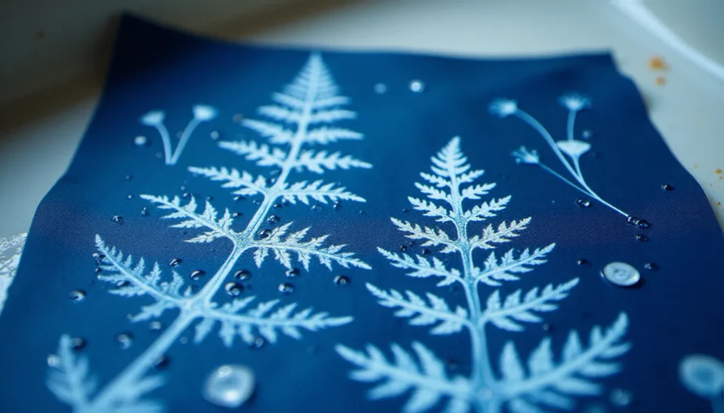 Photogramme cyanotype de fougères et fleurs sauvages illustrant la technique de photographie sans appareil, détail des nervures végétales sur fond bleu prussien