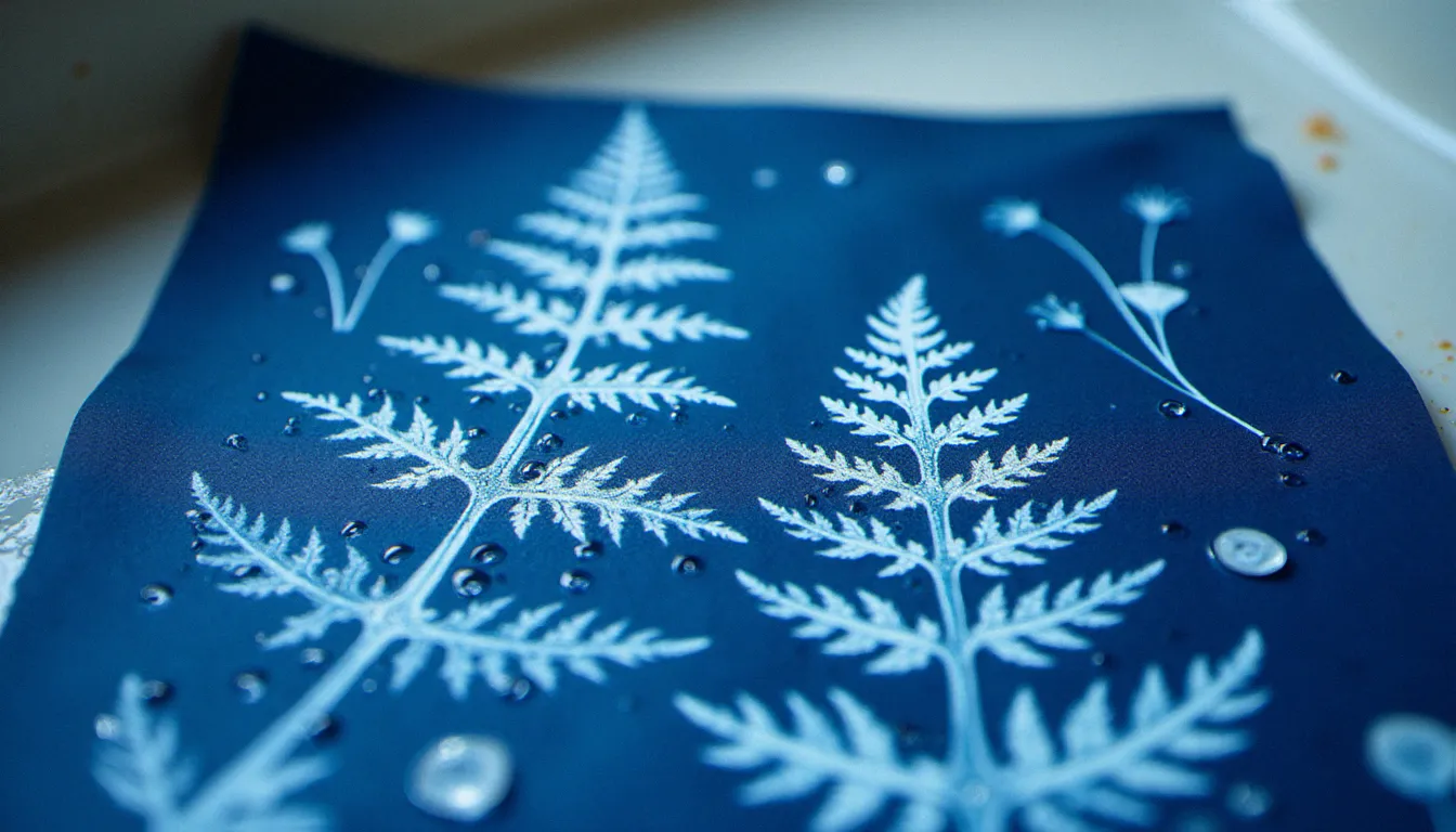 Photogramme cyanotype de fougères et fleurs sauvages illustrant la technique de photographie sans appareil, détail des nervures végétales sur fond bleu prussien