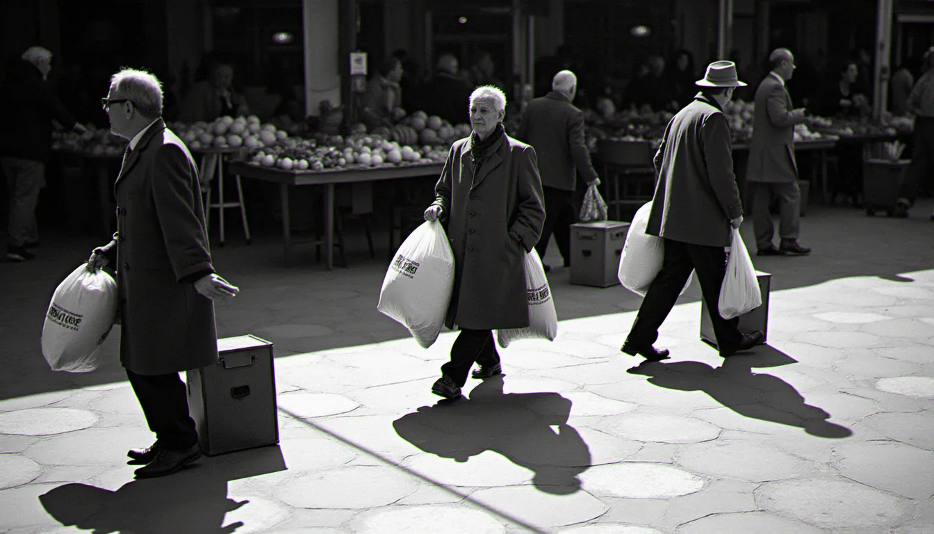 Scène de marché en plein air captée en noir et blanc avec des personnages en plein mouvement, illustration de la tradition documentaire qui consiste à photographier au futur pour saisir la vérité d'un instant