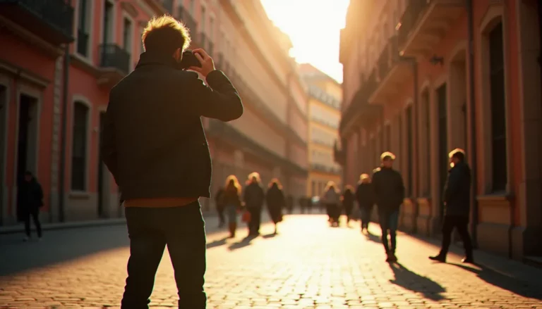 Photographe immobile sur une place de Toulouse en lumière dorée, appareil levé, anticipant un moment de rue — illustration de l'art de photographier au futur