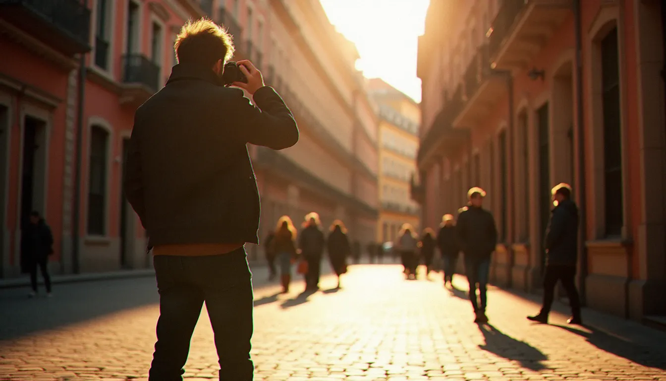Photographe immobile sur une place de Toulouse en lumière dorée, appareil levé, anticipant un moment de rue — illustration de l'art de photographier au futur