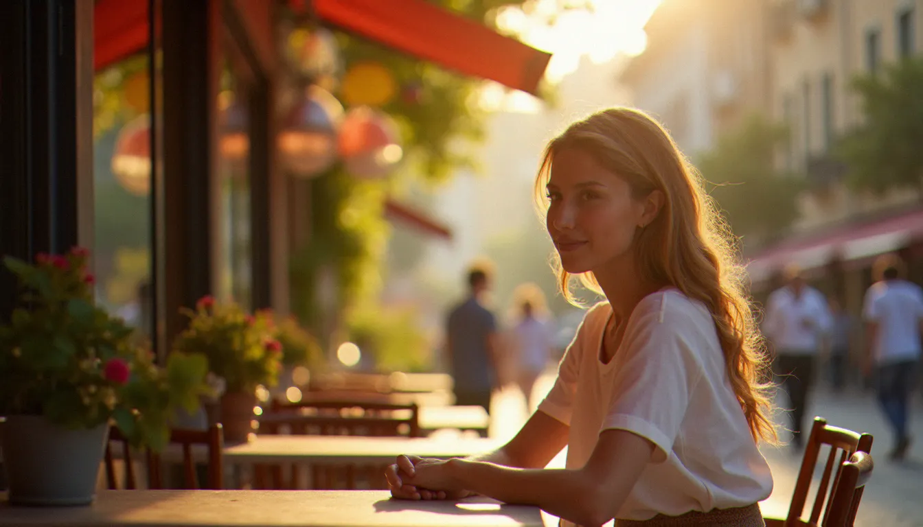 Portrait documentaire d'une femme seule à une terrasse ensoleillée, illustrant ce que la photographie révèle du regard et de l'identité