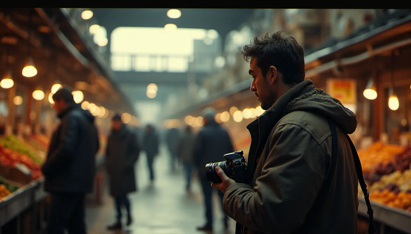 Photographe observant une scène de marché couvert, illustrant la démarche documentaire et le choix de la photographie comme pratique professionnelle