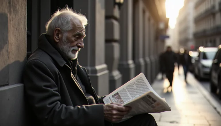 Homme âgé lisant son journal dans une rue de Toulouse, lumière hivernale rasante — image illustrant la question pourquoi photographie