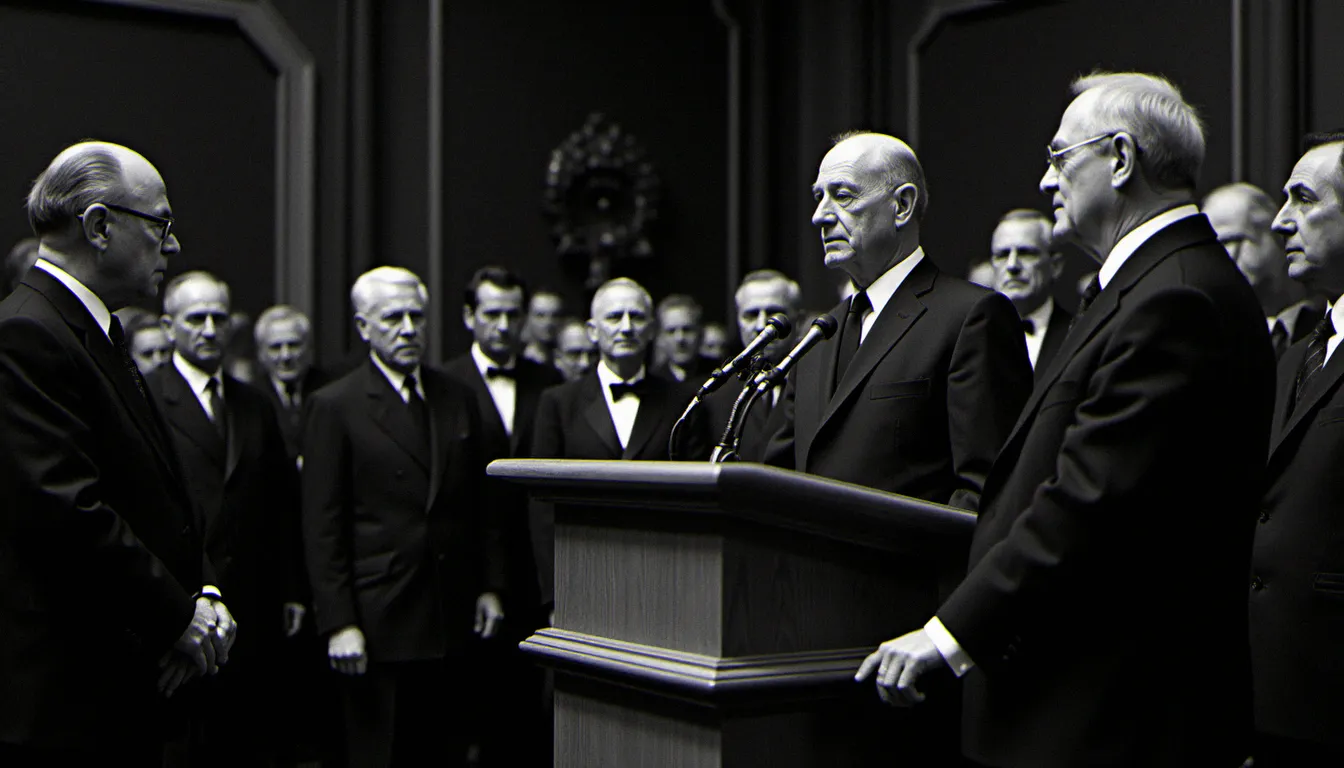 Photographie d'archives en noir et blanc d'une cérémonie historique du Prix Nobel de la paix dans les années 1960, illustrant l'esthétique documentaire intemporelle de ces images emblématiques