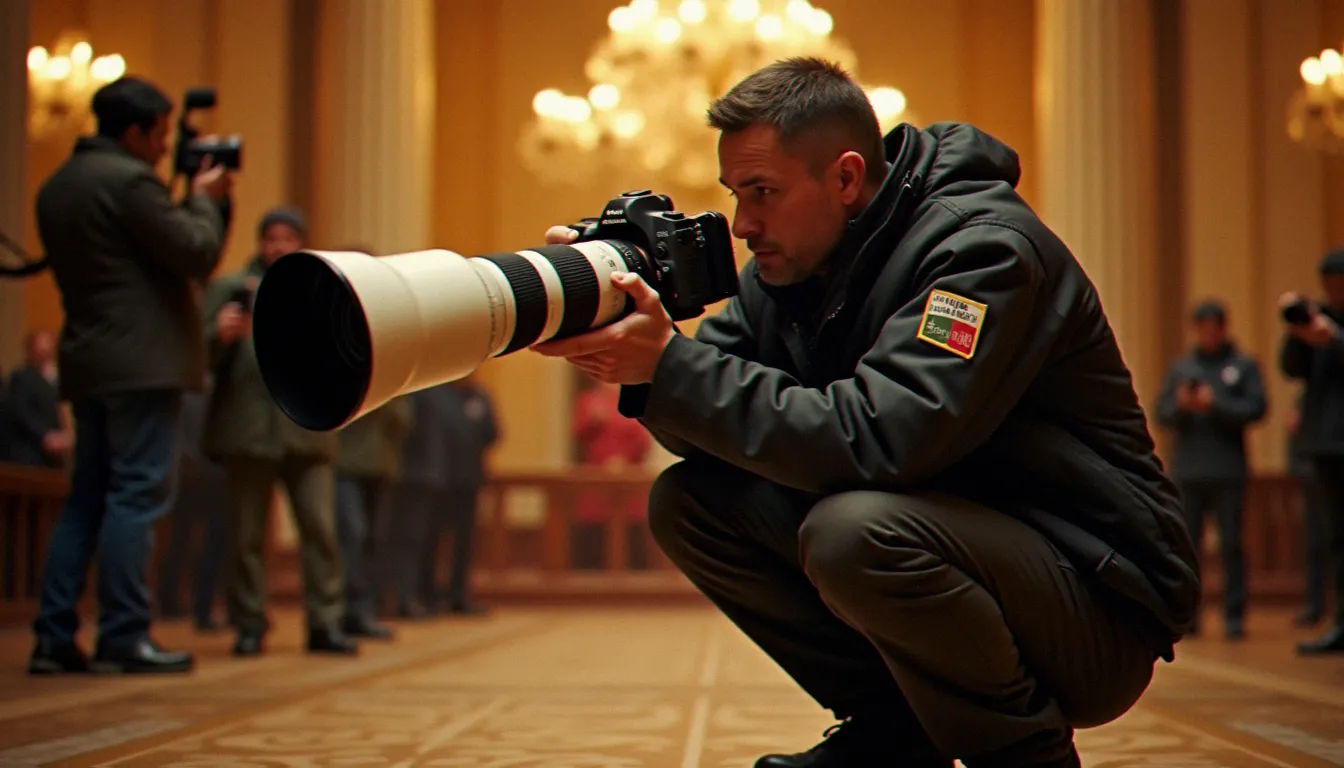 Photographe de presse en position de travail lors d'une grande cérémonie internationale, illustrant les conditions techniques et humaines de la captation des images du prix Nobel de la paix à Oslo