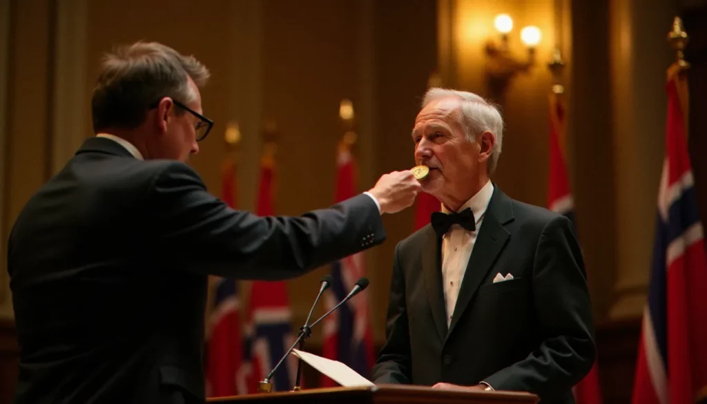 Cérémonie de remise du prix Nobel de la paix à Oslo, lauréat recevant sa médaille sous la lumière dorée de la salle de l'Hôtel de Ville, une image du prix Nobel de la paix empreinte de solennité et d'émotion