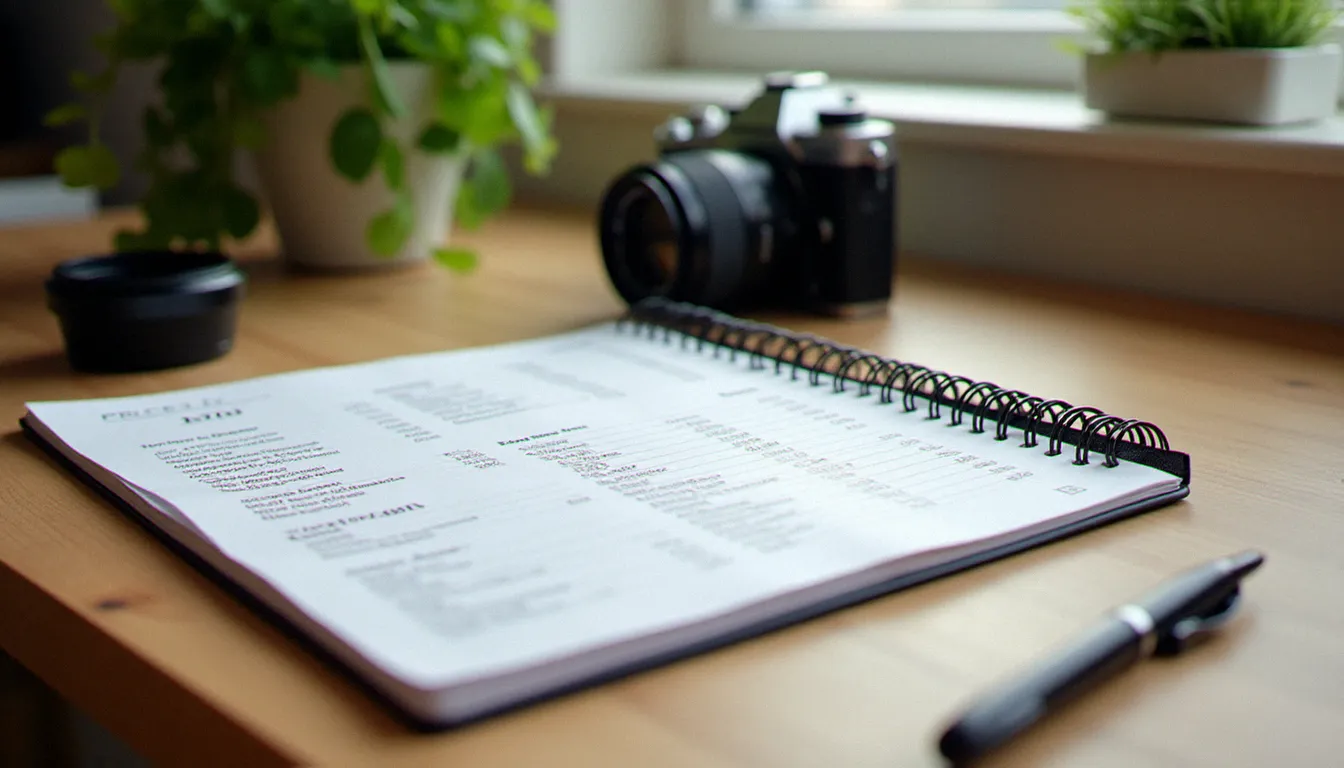 Bureau de photographe avec cahier de tarifs, boîtier hybride et objectif, représentant la construction des prix photographie professionnelle en 2025