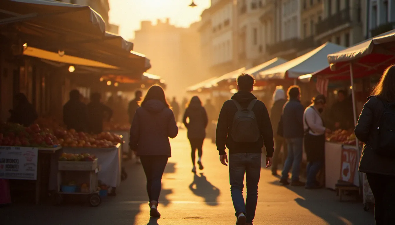 Photographe en reportage sur un marché de plein air en France, illustrant la logique tarifaire du reportage événementiel en 2025