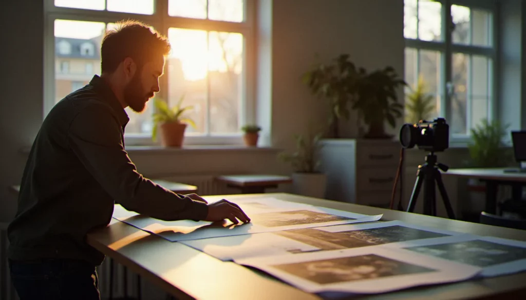 Photographe professionnel examinant des tirages sur une table lumineuse, illustrant les prix photographie 2025 en France