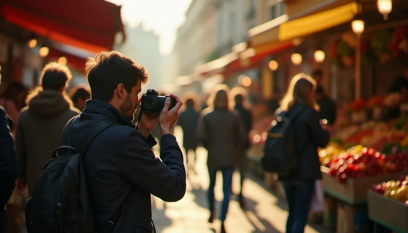 Photographe de rue capturant un moment spontané dans un marché français animé, incarnant l'évolution contemporaine du terme photographie et la pratique documentaire en milieu urbain