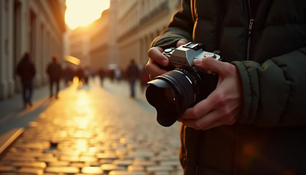 Photographe tenant un appareil Leica argentique dans une ruelle pavée de Toulouse à l'heure dorée, illustrant le terme photographie dans sa dimension artisanale et lumineuse